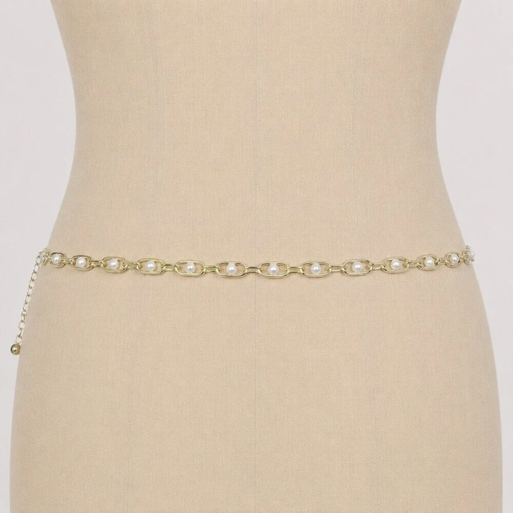 Y2K Vintage Gold Pearl Chain Link Belt – Dainty Oval Mariner Style Adjustable